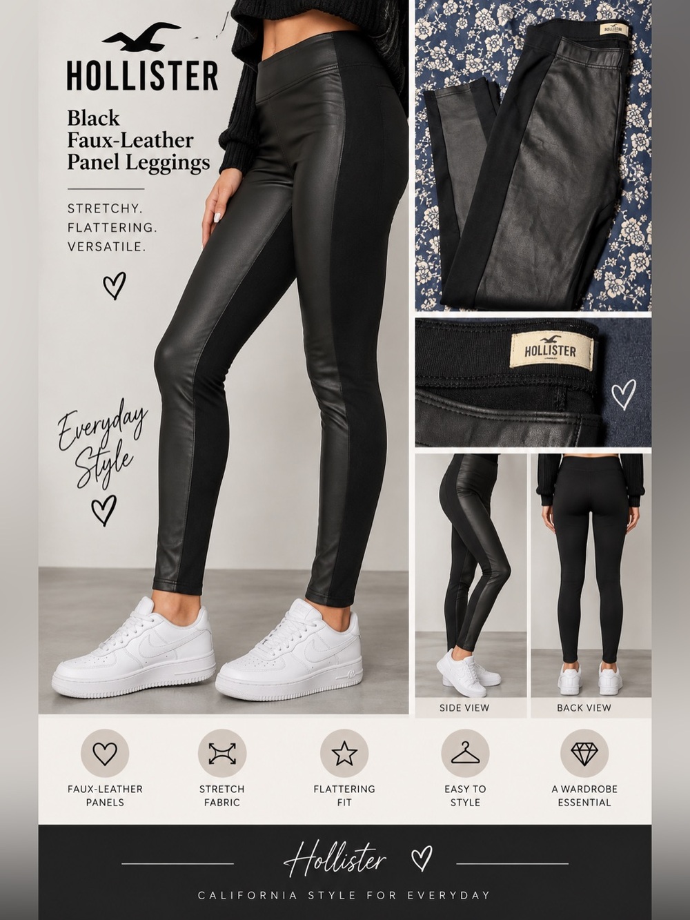 Hollister Black Faux-Leather Panel Leggings with Stretch Side Panels